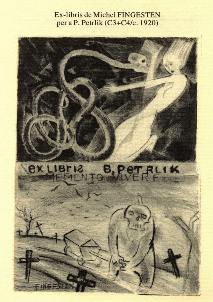 Exlibris calcogràfic a nom P. Petrlik, obra de Michel Fingestein 1920